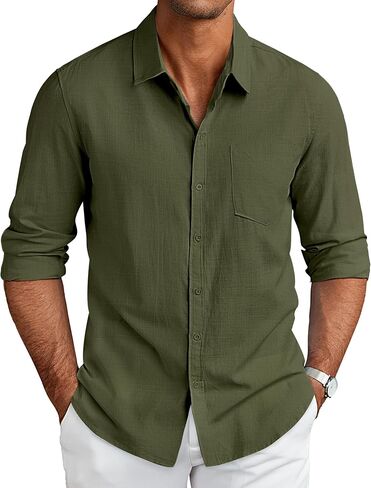 COOFANDY Men's Long Sleeve Button Down Shirts Casual Cotton Linen Shirts Summer Beach Shirt with Pocket in Saudi Arabia