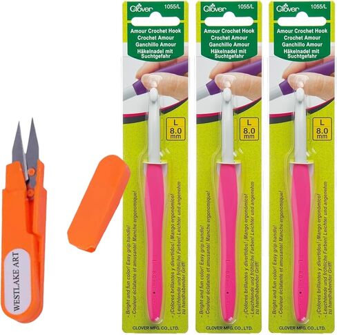 Clover Amour Crochet Hooks for Thread Size L/8.0Mm Ergonomic Handle for Comfortable Crafting, Bundle with Embroidery Scissors, Polished Aluminum, Versatile for Yarn Projects, [Pack of 3] in Saudi Arabia