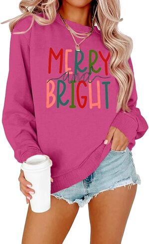 MOUSYA Oversized Christmas Pullovers Women Merry Bright Colorful Letter Printed Sweatshirt Christmas Long Sleeve Sweatshirt in Kuwait
