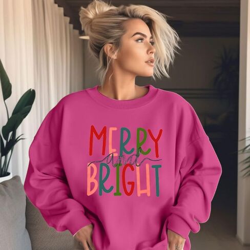 MOUSYA Oversized Christmas Pullovers Women Merry Bright Colorful Letter Printed Sweatshirt Christmas Long Sleeve Sweatshirt in Kuwait