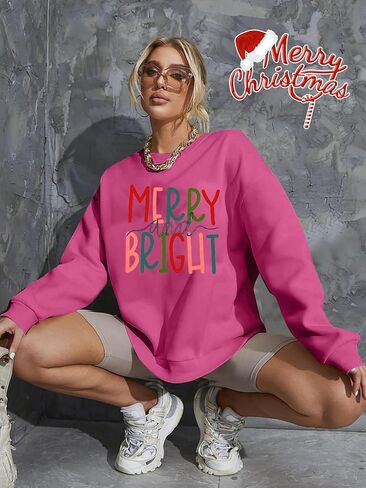 MOUSYA Oversized Christmas Pullovers Women Merry Bright Colorful Letter Printed Sweatshirt Christmas Long Sleeve Sweatshirt in Kuwait