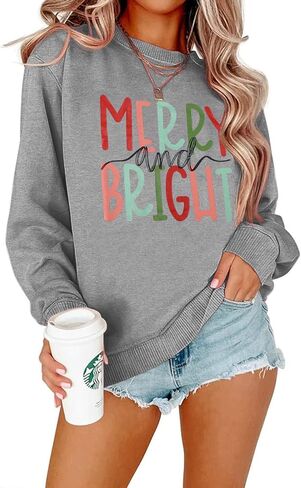 MOUSYA Oversized Christmas Pullovers Women Merry Bright Colorful Letter Printed Sweatshirt Christmas Long Sleeve Sweatshirt in Kuwait