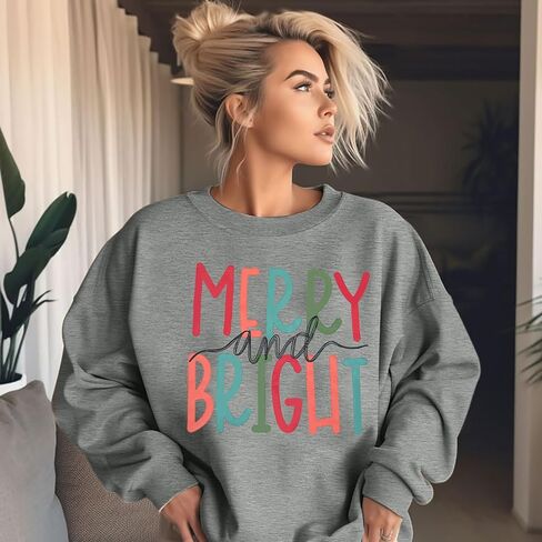 MOUSYA Oversized Christmas Pullovers Women Merry Bright Colorful Letter Printed Sweatshirt Christmas Long Sleeve Sweatshirt in Kuwait