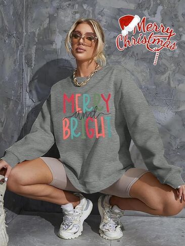 MOUSYA Oversized Christmas Pullovers Women Merry Bright Colorful Letter Printed Sweatshirt Christmas Long Sleeve Sweatshirt in Kuwait