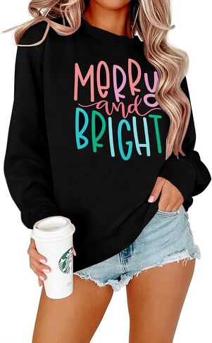 MOUSYA Oversized Christmas Pullovers Women Merry Bright Colorful Letter Printed Sweatshirt Christmas Long Sleeve Sweatshirt in Kuwait