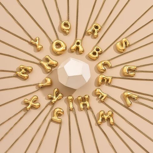 Ladies' Golden Bubble Letter Necklace 18K Gold Plated Bubble Gold Necklace Fashion Gift Jewelry Bubble Necklace Exquisite Titanium Steel Gold Necklace-M in Saudi Arabia