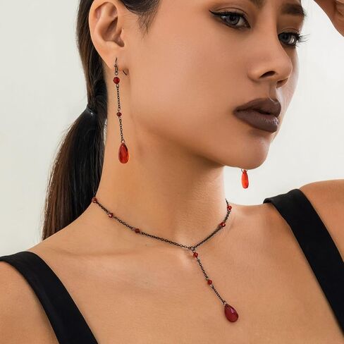 Gothic Y Necklace Black Necklace for Women Retro Black Red Crystal Bead Teardrop Necklace Goth Necklace Punk Choker Necklace Halloween Necklace Jewelry for Women in Kuwait