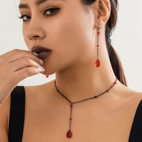 Gothic Y Necklace Black Necklace for Women Retro Black Red Crystal Bead Teardrop Necklace Goth Necklace Punk Choker Necklace Halloween Necklace Jewelry for Women in Kuwait