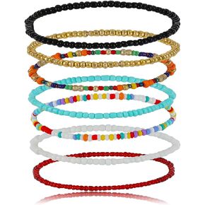Pingyongchang Boho Handmade Beads African Anklets Set Layered Beach Colorful Stretch Beaded Elastic Foot Hand Chain Anklets Bracelets for Women Jewelry