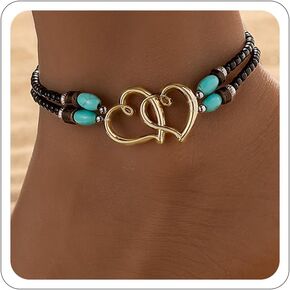 Elastic Beaded Ankle Bracelets for Women Double Heart Layered Stretch Ankle Bracelets Waterproof Dainty Boho Beaded Anklets for Summer Beach Foot Jewelry