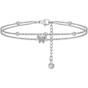 14k Gold Plated Butterfly Cubic Zirconia Dainty Link Anklet Beads Double Layered Bracelets Butterfly Anklet for Women Gilrs Boho Beach Jewelry Gifts