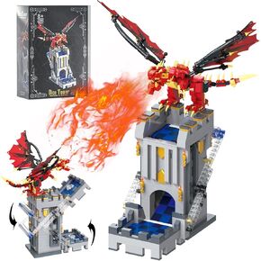 Dragons & Treasures Castle Building Block Set, Guarding Dice Tower Building Kits, Creative Red Dragon Toy Gift for Kids and Adults -1176PCS