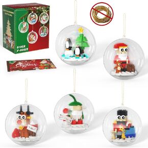 Christmas Ornaments Building Set with Light, 6 Pack Xmas Décor with Santa Claus Elk Nutcracker Penguin Building Toys, Hanging for Christmas Tree Party Home Decor, Xmas Gifts for Kids 6+