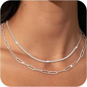 Layered Silver Necklaces for Women: Dainty Double Choker Necklace for Women Silver Plated Satellite Necklace Stack Paperclip Chain Necklace Jewelry for Women Trendy 14/16/18 Inches