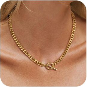 Gold Necklace for Women, 14K Gold Plated Chain Necklace Dainty Choker Necklace for Women Trendy Chunky Pendant Necklaces Layering Toggle T-bar Clasp Link Chain Necklace Jewelry