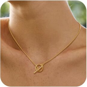 Gold Necklace for Women, 14K Gold Plated Chain Necklace Dainty Choker Necklace for Women Trendy Chunky Pendant Necklaces Layering Toggle T-bar Clasp Link Chain Necklace Jewelry