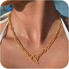 Gold Necklace for Women, 14K Gold Plated Chain Necklace Dainty Choker Necklace for Women Trendy Chunky Pendant Necklaces Layering Toggle T-bar Clasp Link Chain Necklace Jewelry in Saudi Arabia