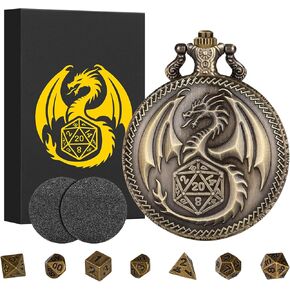 Mini DND Dice Set Steampunk Dragon Pocket Watch Shell Case, 7pcs Polyhedral Metal D&D Dice Set, DND Gifts with Gift Box for Men Women, Role Playing Board Games Accessories, Bronze