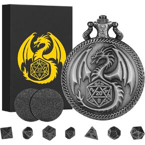 Mini DND Dice Set Steampunk Dragon Pocket Watch Shell Case, 7pcs Polyhedral Metal D&D Dice Set, DND Gifts with Gift Box for Men Women, Role Playing Board Games Accessories, Bronze