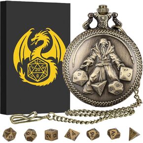 Mini DND Dice Set, Hand Held Dice Wizard Pocket Watch Shell Case, 7 Piece Polyhedral Metal D&D Dice Set, DND Gifts with Gift Box, Role Playing Board Game Accessories, Bronze