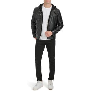 Kenneth Cole Men's Faux Leather Moto with Jersey Attached Hood