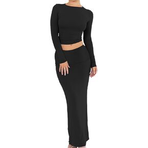 Women Fall Winter Two Piece Long Sleeve Crop Top Bodycon Maxi Y2K Skirt Set Casual 2024