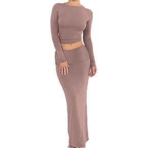 Women Fall Winter Two Piece Long Sleeve Crop Top Bodycon Maxi Y2K Skirt Set Casual 2024