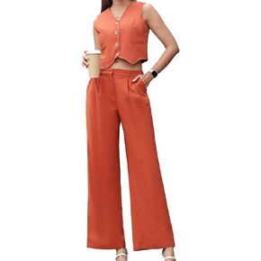 HOTIAN Women's V Neck Vest 2 Piece Outfits Sleeveless Button Down Tops and High Waisted Wide Leg Pants Set