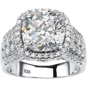 PalmBeach Platinum-plated Sterling Silver Cushion Cubic Zirconia Simulated Halo Engagement Ring Sizes 6-10