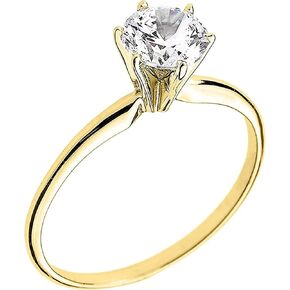 10K Yellow Gold Round Brilliant Cut Cubic Zirconia Solitaire 6 Prong Engagement Ring with Slender Band