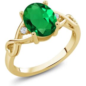 Gem Stone King 1.55 Cttw 18K Yellow Gold Plated Silver Green Simulated Emerald and White Topaz Ring For Women | Oval 9X7MM | Available in size 5, 6, 7, 8, 9