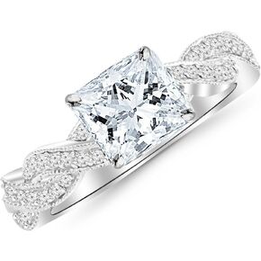 14K White Gold 1.28 CTW Princess Cut Vintage Eternity Love Twisting Split Shank Diamond Engagement Ring With Milgrain, K Color I2 Clarity, 1 Ct Center