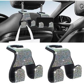 2PCS Car Seat Headrest Hooks, Shiny Crystal Hanger Holder, Backseat Hanger Storage Organizer, Bling Rhinestone Car Purse Hook, Car Accessories for Women Universal for SUV Truck Vehicle (White)