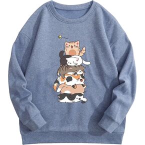 SOLY HUX Women's Cartoon Graphic Sweatshirt Cat Print Round Neck Long Sleeve Pullover Top