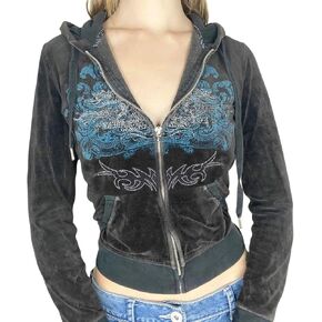SOLILOQUY Women Y2K Zip-up Hoodie Gothic Rhinestone Graphic Long Sleeve Crop Hooded Jacket Fall Sweatshirt Hoodie Top