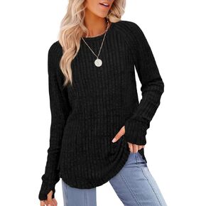 Saloogoe Women's Long Sleeve Top Crewneck Basic Lightweight Fall Shirt with Thumb Hole