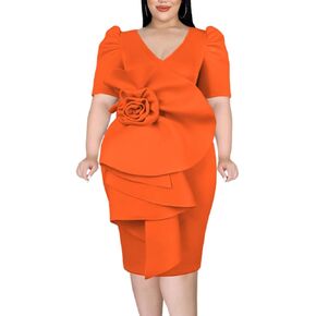 ONTINVA Women V-Neck Flower Short Sleeve Ruffle Formal Party Dress Work Office Cocktail Dresses