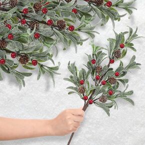 6 Pcs Christmas Artificial Mistletoe Picks 17.3 Inch Fake Mistletoe Decoration Branches with Berries Pinecones Mistletoe Ornaments DIY Crafts for Xmas Tree Wreath Holiday Decor(Red Berry)