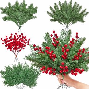 Serwalin 50 Pcs Artificial Pine Branches with Red Berry Stems,Fake Christmas Greenery Stems, Real Touch Pine Needles for DIY Christmas Garland Wreath Xmas Home Arrangements Decoration