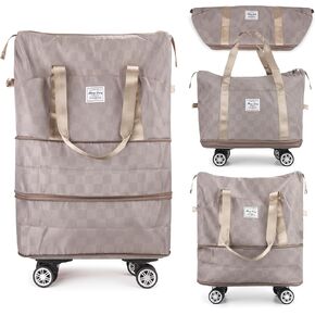 Zoofen Foldable Duffel Bag Expandable Travel Bag with Removable Wheels Weekender Travel Bag Carry On Bag Camping Bag(Khaki)