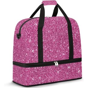 Hot Pink Glitter Dance Duffel Bag with with shoe compartment Travel Weekender Overnight Bag Water Resistant Sport Gym Bag Lightweight Carry on Tote Bag Portable Work Out Bags for Hiking Fitness Yoga