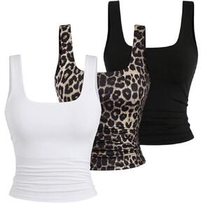 Women's 3 Piece Tank Top Square Neck Sleeveless Ruched Slim Fit Tee Shirt Basic Tops in Kuwait