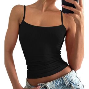 YFANG Women's Basic Spaghetti Straps Ribbed Knit Tank Top Casual Slim Fit Sleeveless Camisole Crop Top