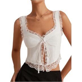 MakeMeChic Women's Floral Lace Camisole Tops Sleeveless Tie Front Wide Strap Crop Tank Top