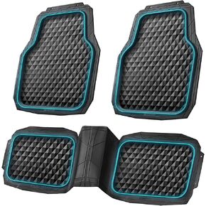 CAR PASS LED Light Rubber Car Mats, Heavy Duty Deep Dish All-Weather Floor Mat Full Set Front Rear Anti-Slip 3D Rhombus Waterproof Universal Trim to Liner Automotive,Sedan,SUV,Truck, Mint Blue Lights