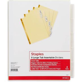 Staples 431422 Big Tab Blank Paper Dividers 5-Tab Clear 4/Pack (13514/14480)