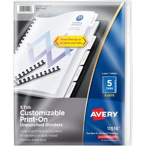 Avery Unpunched Customizable Print-On Dividers for Use with Custom Binding Systems or 3 Ring Binders, 5-Tab Set, 5 Sets (11516)