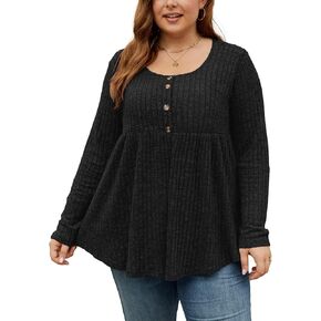 Tanst Sky Women's Plus Size Babydoll Tops Square Neck Long Sleeve Knit Tunic Sweaters Fall Dressy Casual Blouses