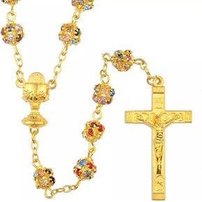 Catholic Town Rhinestone rosary neclace with Chalice center piece and multicolor crystal beads (CTRCHCDB-G)