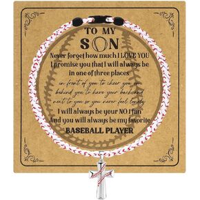 Quelay Baseball Necklaces for Son with to My Son Card, Youth Baseball Rope Necklaces Baseball Cross Bracelet Accessories Teen Gift for Sports Christmas Graduation Birthday
